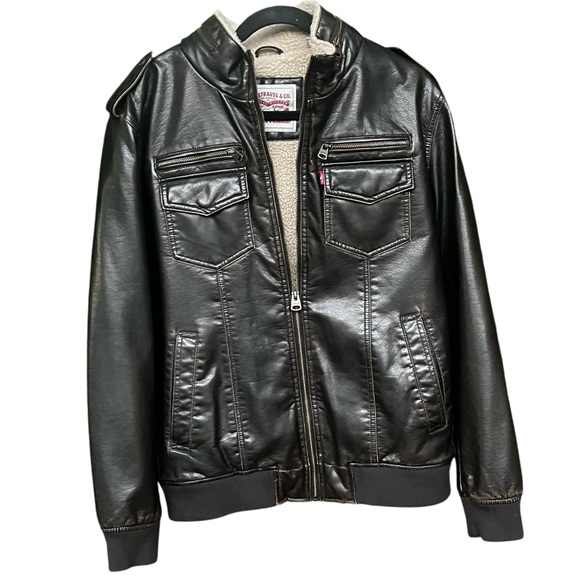 EUC Levi’s Mens Sherpa Black Faux Leather Bomber Jacket Streetwear Y2K Casual - Picture 1 of 14